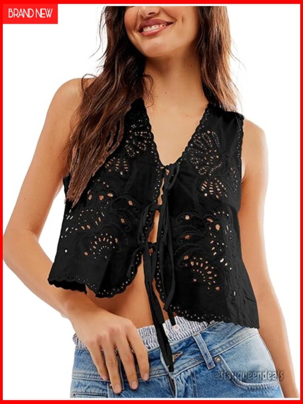 Large Cotton Floral Embroidered Eyelet Tie Front Vest Top